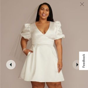 David’s Bridal short satin puff sleeve dress with empire waist